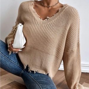MAIN STRIP BLUE SWEATER V-Neck Drop Shoulder Distressed Edge Sweater
